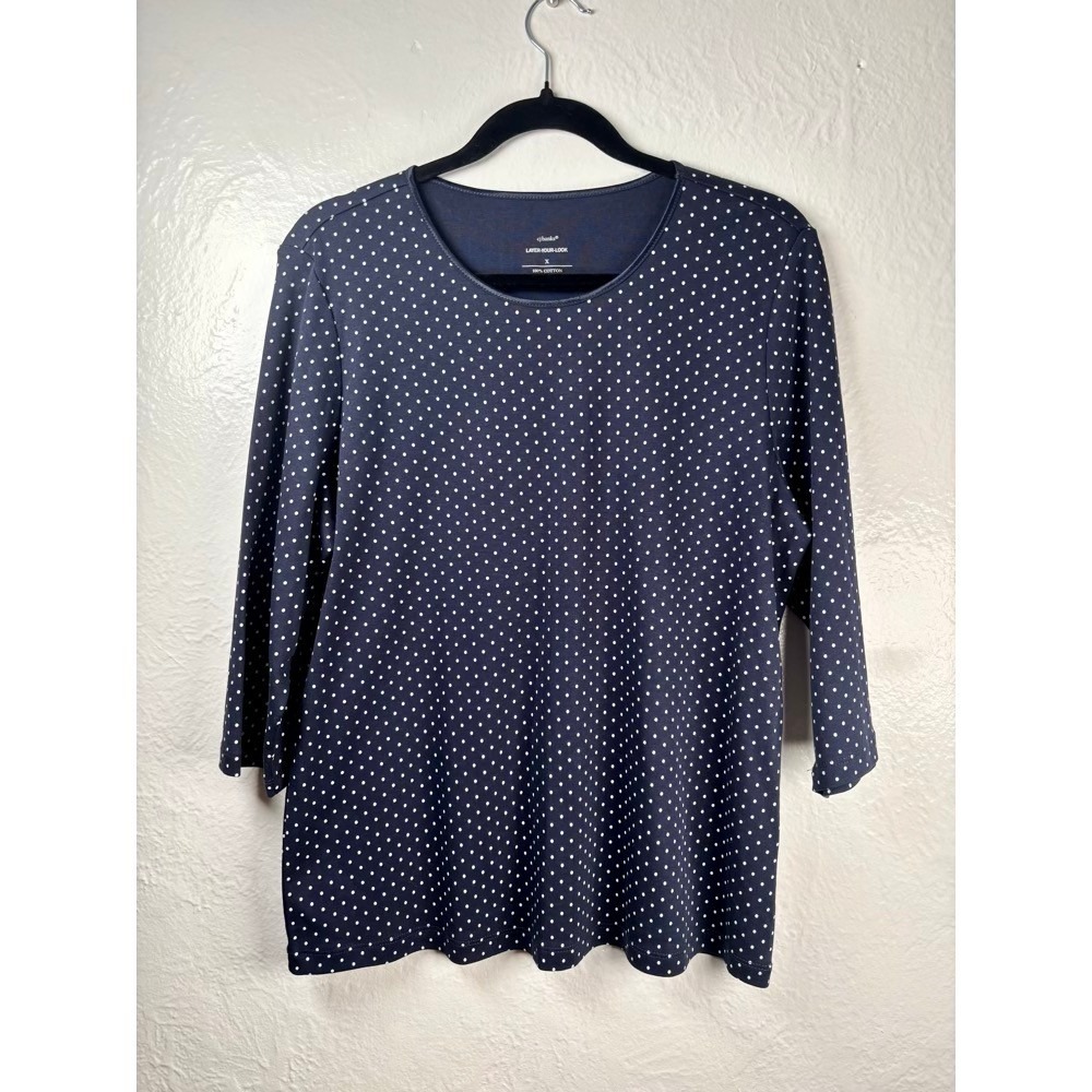 Polka Dot Top‎ Womens X Navy Blue Cotton Preppy Office Layering Timeless